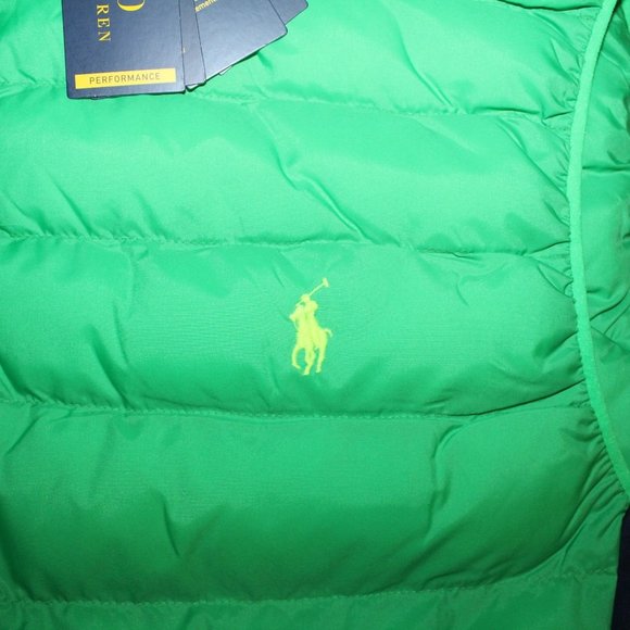 NWT POLO RALPH LAUREN MEN'S PACKABLE DOWN VEST NEON GREEN NAVY BLUE $240 - Picture 5 of 9